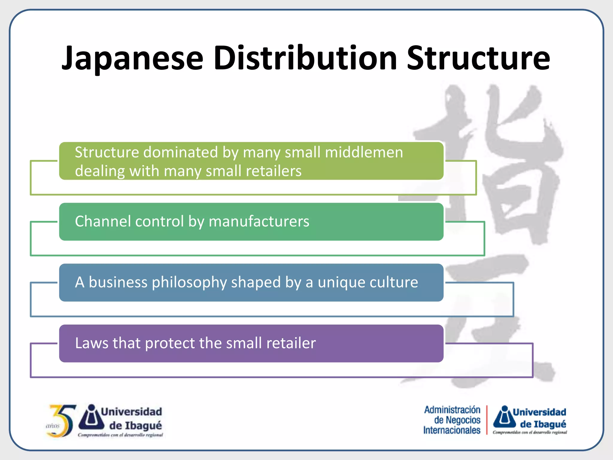 Japanese Distribution Structure
Structure dominated by many small middlemen
dealing with many small retailers
Channel control by manufacturers
A business philosophy shaped by a unique culture
Laws that protect the small retailer
 