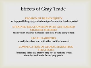 EROSION OF BRAND EQUITY
can happen if the gray goods do not perform to the level expected
STRAINED RELATIONSHIPS WITH AUTHORIZED
CHANNEL MEMBERS
arises when channel members face intra-brand competition
LEGAL LIABILITIES
usually involves warranties that can’t be honored
COMPLICATION OF GLOBAL MARKETING
STRATEGIES
forecasted sales in a market may not be realized when
there is a sudden influx of gray goods
Effects of Gray Trade
 