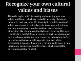 Recognize your own cultural
values and biases
• The cycle begins with discovering and analyzing your own
values and biases, which are rooted in a variety of cultural
influences that span your life. You might complete a cultural
values assessment to not only get to know yourself but also
see how you compare to other cultures across various
dimensions like communication style and hierarchy. This step
is particularly helpful if you are about to begin a global project
or take a business trip to a new country or even when you’re
interacting with diverse colleagues in your own office.
Developing a strong self-awareness has shown to foster a non-
judgmental perspective on differences, which is critical to
developing a global mindset.
 