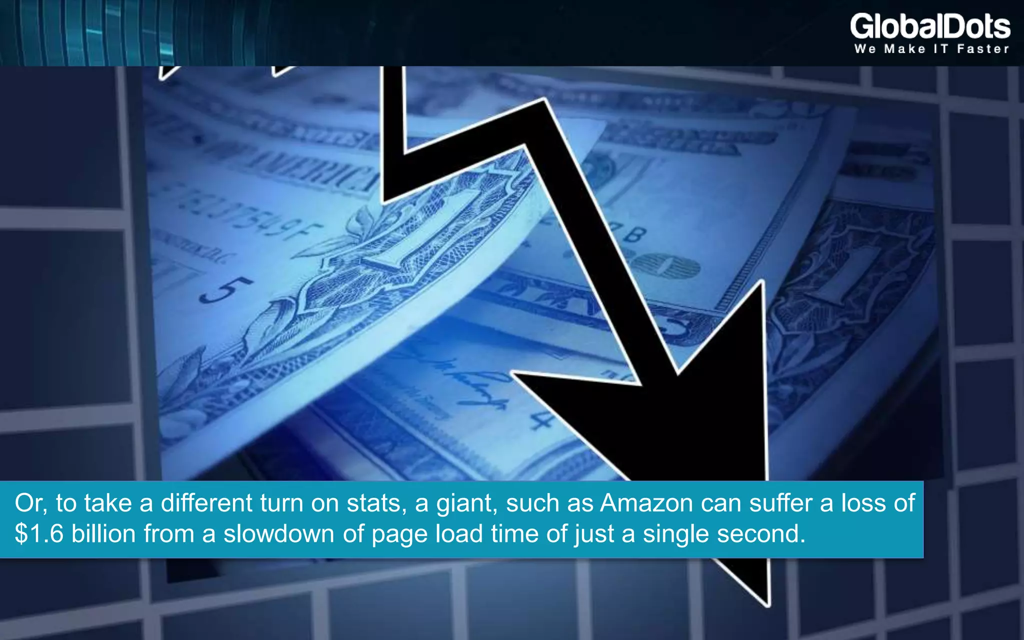 Or, to take a different turn on stats, a giant, such as Amazon can suffer a loss of
$1.6 billion from a slowdown of page load time of just a single second.
 