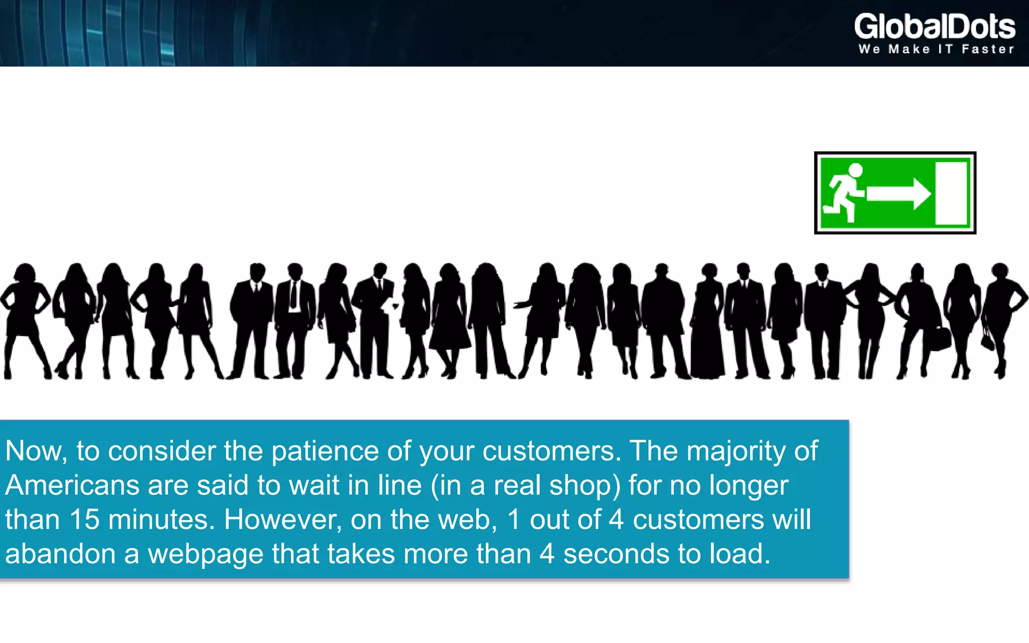 Cloud computing can be described in two ways:
Now, to consider the patience of your customers. The majority of
Americans are said to wait in line (in a real shop) for no longer
than 15 minutes. However, on the web, 1 out of 4 customers will
abandon a webpage that takes more than 4 seconds to load.
 