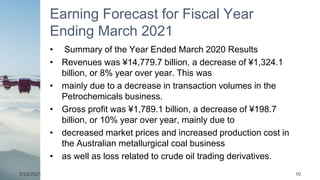 Earning Forecast for Fiscal Year
Ending March 2021
• Summary of the Year Ended March 2020 Results
• Revenues was ¥14,779.7 billion, a decrease of ¥1,324.1
billion, or 8% year over year. This was
• mainly due to a decrease in transaction volumes in the
Petrochemicals business.
• Gross profit was ¥1,789.1 billion, a decrease of ¥198.7
billion, or 10% year over year, mainly due to
• decreased market prices and increased production cost in
the Australian metallurgical coal business
• as well as loss related to crude oil trading derivatives.
2/25/2021 10
 