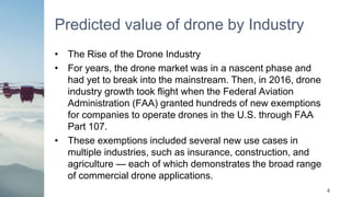 Predicted value of drone by Industry
• The Rise of the Drone Industry
• For years, the drone market was in a nascent phase and
had yet to break into the mainstream. Then, in 2016, drone
industry growth took flight when the Federal Aviation
Administration (FAA) granted hundreds of new exemptions
for companies to operate drones in the U.S. through FAA
Part 107.
• These exemptions included several new use cases in
multiple industries, such as insurance, construction, and
agriculture — each of which demonstrates the broad range
of commercial drone applications.
4
 