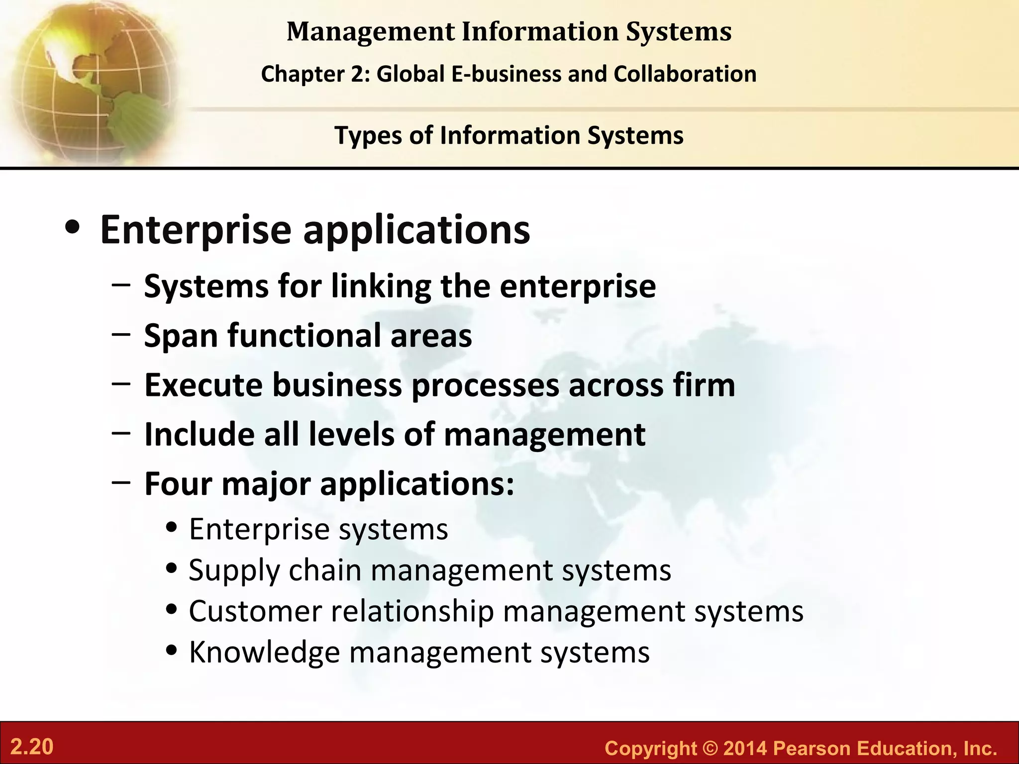 2.20 Copyright © 2014 Pearson Education, Inc.
Management Information Systems
Chapter 2: Global E-business and Collaboration
• Enterprise applications
– Systems for linking the enterprise
– Span functional areas
– Execute business processes across firm
– Include all levels of management
– Four major applications:
• Enterprise systems
• Supply chain management systems
• Customer relationship management systems
• Knowledge management systems
Types of Information Systems
 