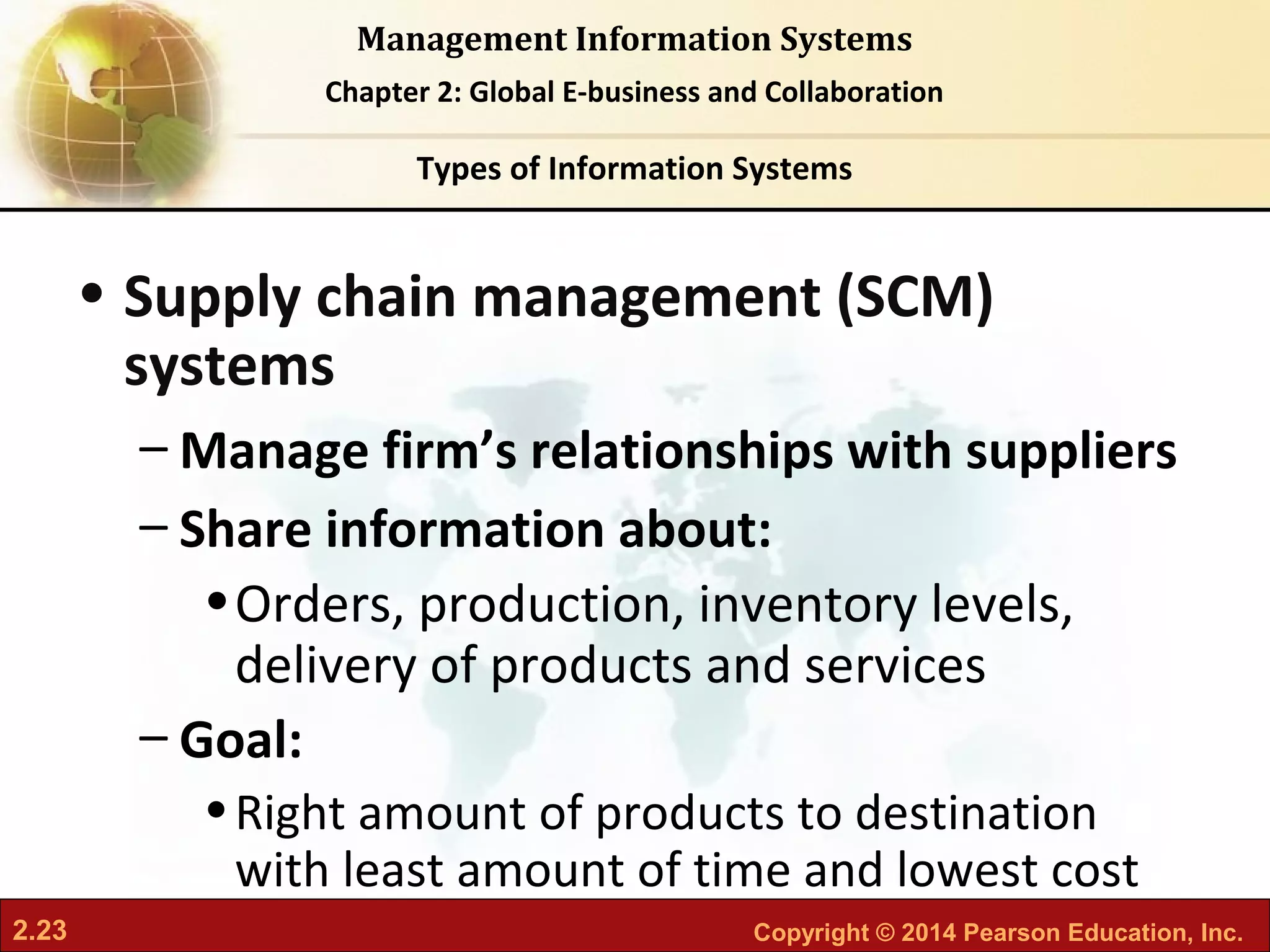 2.23 Copyright © 2014 Pearson Education, Inc.
Management Information Systems
Chapter 2: Global E-business and Collaboration
• Supply chain management (SCM)
systems
– Manage firm’s relationships with suppliers
– Share information about:
•Orders, production, inventory levels,
delivery of products and services
– Goal:
•Right amount of products to destination
with least amount of time and lowest cost
Types of Information Systems
 