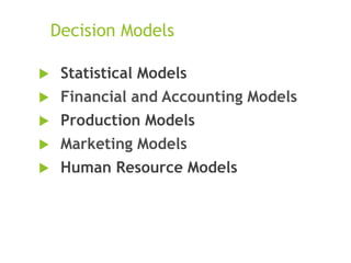Decision Models
 Statistical Models
 Financial and Accounting Models
 Production Models
 Marketing Models
 Human Resource Models
 