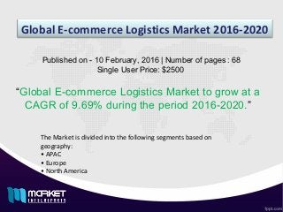 Global E-commerce Logistics Market 2016-2020
“Global E-commerce Logistics Market to grow at a
CAGR of 9.69% during the period 2016-2020.”
Published on - 10 February, 2016 | Number of pages : 68
Single User Price: $2500
The Market is divided into the following segments based on
geography:
• APAC
• Europe
• North America
 