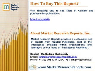 www.MarketResearchReports.com
How To Buy This Report?
Visit following URL to see Table of Content and
purchase this publication:
http://mrr.cm/oVe
About Market Research Reports, Inc.
Market Research Reports provides a customized set
of reports from reputed Publishers, built on the
intelligence available within organizations and
leverages on our motto of “Intelligence Redefined”.
Contact : Mr. Sudeep Chakravarty
Email : info@marketresearchreports.com
Phone: +1 302-703-7787 (USA) +91-8762746600 (India)
 