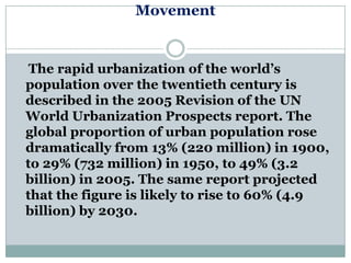 Movement


 The rapid urbanization of the world‘s
population over the twentieth century is
described in the 2005 Revision of the UN
World Urbanization Prospects report. The
global proportion of urban population rose
dramatically from 13% (220 million) in 1900,
to 29% (732 million) in 1950, to 49% (3.2
billion) in 2005. The same report projected
that the figure is likely to rise to 60% (4.9
billion) by 2030.
 