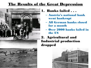 The Results of the Great Depression
1. Banks failed . . .
– Austria’s national bank
went bankrupt
– All German banks closed
for a month
– Over 2000 banks failed in
the US
2. Agricultural and
Industrial production
dropped
 