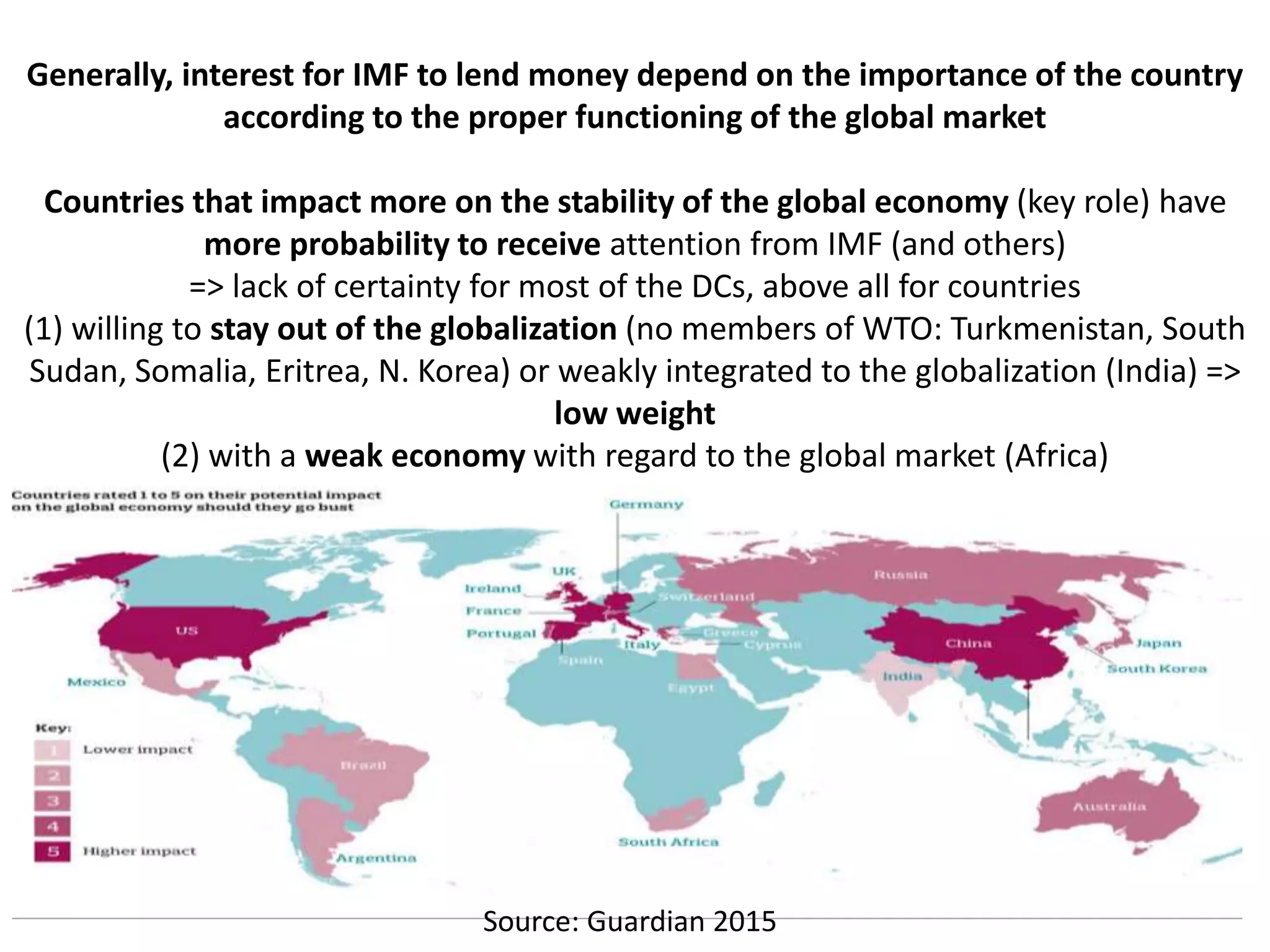 Source: Guardian 2015
Generally, interest for IMF to lend money depend on the importance of the country
according to the proper functioning of the global market
Countries that impact more on the stability of the global economy (key role) have
more probability to receive attention from IMF (and others)
=> lack of certainty for most of the DCs, above all for countries
(1) willing to stay out of the globalization (no members of WTO: Turkmenistan, South
Sudan, Somalia, Eritrea, N. Korea) or weakly integrated to the globalization (India) =>
low weight
(2) with a weak economy with regard to the global market (Africa)
 