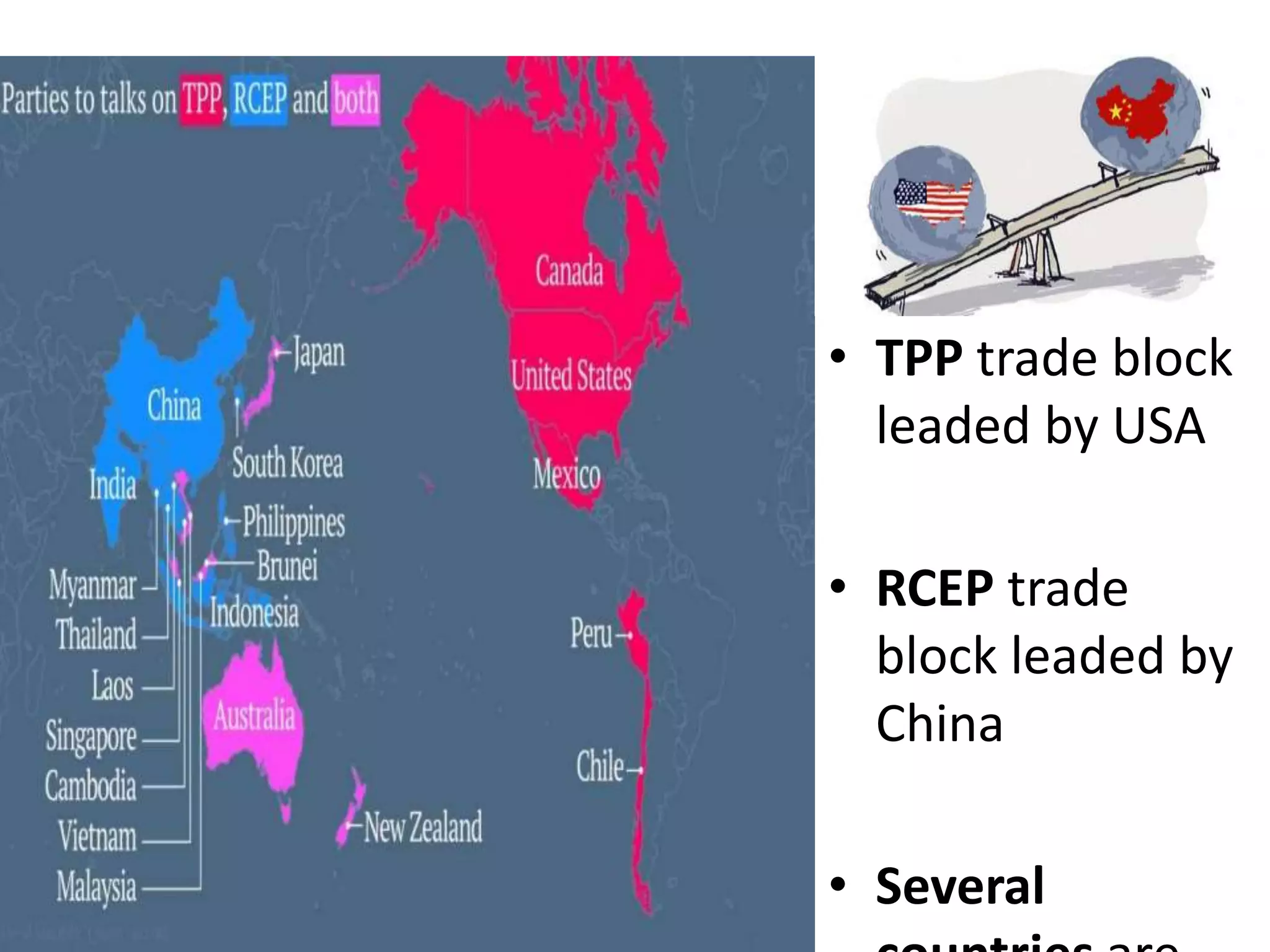 • TPP trade block
leaded by USA
• RCEP trade
block leaded by
China
• Several
 