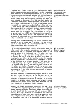 Concerns about Spain center on high unemployment, weak                      Regional finances,
banks, regional overspending and difficulty trimming the budget             high unemployment
deficit from 8.5% in 2011 (the goal was 6%!) to 5.3% in 2012 at             and the banking
the same time that the recession worsens. This concern is clearly           system are challenging
reflected in the 10-year government bond yield, which again                 Spain
neared the 6% level. The last time this happened was when the
crisis peaked in November. The risk premium relative to
Germany is slightly over 4 percentage points. The decision of the
new Spanish government led by Prime Minister Rajoy not to
immediately address uncertainty about its fiscal policies until after
local elections in March and to renegotiate the deficit from the EU
Commission's 4.4% to 5.8% hardly garnered respect, especially
since the compromise ended up being 5.3% and few experts
believe Spain can handle even that. Unemployment of 23%, and
for young adults nearly 50%, complicates budget consolidation,
as well as labor market reforms. The government has found
savings of 27 billion euro, however, as well as an additional 10
billion euro in health and education.

Housing prices have fallen by only 23% to date (compared with
declines of 50% in Ireland and 34% in the US). The banking
system is under threat, and a major decline in housing prices
could force Spain to seek outside support.

The tougher requirements on Spanish banks to set aside 50                   We do not expect
billion euro to better handle the recession and housing slump is a          Spain to require a
positive step. Of the 325 billion euro in loans related to the              rescue package
housing sector, it is estimated that 175 billion euro are
nonperforming. A major economic slump could cause the
mountain of bad debt to grow, which would also complicate the
consolidation and reform of the banking sector. We expect,
therefore, that how the banking system is handled will be critical
to the likelihood of a rescue package – this time for a
considerably larger economy than Greece, Portugal and Ireland.
The situation in the regions could also be critical. Plans call for
140 billion euro to be refinanced, and if interest rates rise
significantly above the current level of just over 6% Spain could
face problems. At this point, however, we expect it to manage
without outside support.

We do not expect the Spanish economy to grow at all in the next
two years (-2.2% this year and –0.8% next year), but if the
recession and slowdown in the housing markets are worse than
expected, the support package may be needed. It is important
therefore to combine budget austerity with growth oriented
reforms that also have a positive effect in the short term, and not
just in the medium and long term as they usually do.

Despite that Italy’s technocratic government led by Prime                   The crisis in Spain
Minister Monti is implementing structural reforms and has gained            could spread to Italy
greater confidence from the international market and at home for
its ability to alleviate the crisis, we still believe, as we did in
January, that Italy’s recession is unavoidable. The financial
markets concerns about Spain have recently spread to Italy with
rising risk premiums as a result, especially since 450 billion euro
of government debt has to be refinanced. Increased political



32                                                 Swedbank’s Global Economic Outlook   • 24 April 2012
 