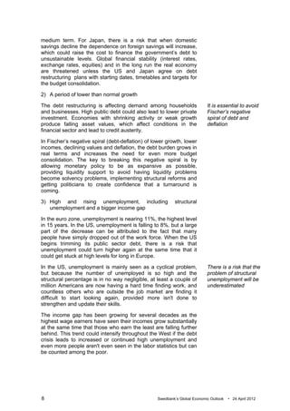 medium term. For Japan, there is a risk that when domestic
savings decline the dependence on foreign savings will increase,
which could raise the cost to finance the government’s debt to
unsustainable levels. Global financial stability (interest rates,
exchange rates, equities) and in the long run the real economy
are threatened unless the US and Japan agree on debt
restructuring plans with starting dates, timetables and targets for
the budget consolidation.

2) A period of lower than normal growth

The debt restructuring is affecting demand among households                It is essential to avoid
and businesses. High public debt could also lead to lower private          Fischer’s negative
investment. Economies with shrinking activity or weak growth               spiral of debt and
produce falling asset values, which affect conditions in the               deflation
financial sector and lead to credit austerity.

In Fischer’s negative spiral (debt-deflation) of lower growth, lower
incomes, declining values and deflation, the debt burden grows in
real terms and increases the need for even more budget
consolidation. The key to breaking this negative spiral is by
allowing monetary policy to be as expansive as possible,
providing liquidity support to avoid having liquidity problems
become solvency problems, implementing structural reforms and
getting politicians to create confidence that a turnaround is
coming.

3) High and rising unemployment, including                structural
   unemployment and a bigger income gap

In the euro zone, unemployment is nearing 11%, the highest level
in 15 years. In the US, unemployment is falling to 8%, but a large
part of the decrease can be attributed to the fact that many
people have simply dropped out of the work force. When the US
begins trimming its public sector debt, there is a risk that
unemployment could turn higher again at the same time that it
could get stuck at high levels for long in Europe.

In the US, unemployment is mainly seen as a cyclical problem,              There is a risk that the
but because the number of unemployed is so high and the                    problem of structural
structural percentage is in no way negligible, at least a couple of        unemployment will be
million Americans are now having a hard time finding work, and             underestimated
countless others who are outside the job market are finding it
difficult to start looking again, provided more isn't done to
strengthen and update their skills.

The income gap has been growing for several decades as the
highest wage earners have seen their incomes grow substantially
at the same time that those who earn the least are falling further
behind. This trend could intensify throughout the West if the debt
crisis leads to increased or continued high unemployment and
even more people aren't even seen in the labor statistics but can
be counted among the poor.




8                                                 Swedbank’s Global Economic Outlook   • 24 April 2012
 