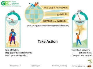 #rethink_learning#GlobalEd17 @bbray27
Turn off lights.
Stop paper bank statements.
Don’t print online info.
Take short showers.
Eat less meat.
Compost and recycle.
www.un.org/sustainabledevelopment/takeaction/
Take Action
 