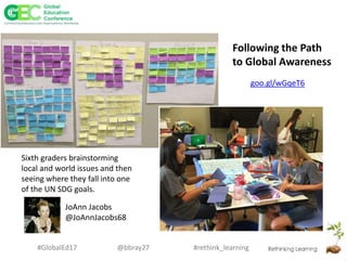 #rethink_learning#GlobalEd17 @bbray27
Following the Path
to Global Awareness
Sixth graders brainstorming
local and world issues and then
seeing where they fall into one
of the UN SDG goals.
JoAnn Jacobs
@JoAnnJacobs68
goo.gl/wGqeT6
 