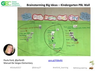#rethink_learning#GlobalEd17 @bbray27
Brainstorming Big Ideas – Kindergarten PBL Wall
Paula Ford, @prford5
Manuel De Vargas Elementary
goo.gl/YSBx9G
 
