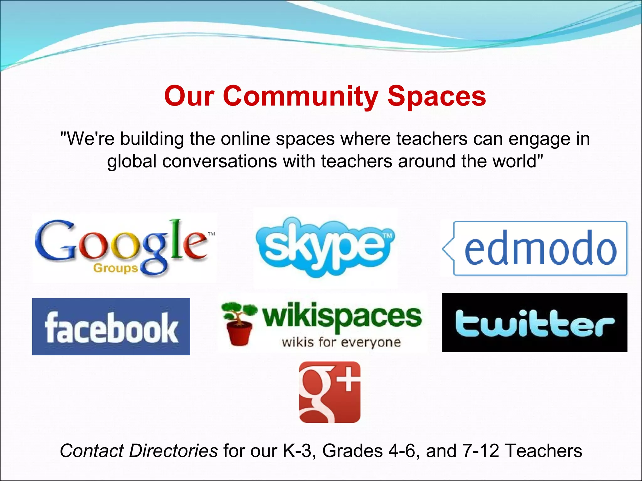 Our Community Spaces
"We're building the online spaces where teachers can engage in
     global conversations with teachers around the world"




Contact Directories for our K-3, Grades 4-6, and 7-12 Teachers
 