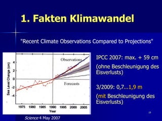 1. Fakten Klimawandel

"Recent Climate Observations Compared to Projections"


                              IPCC 2007: max. + 59 cm
                              (ohne Beschleunigung des
                              Eisverlusts)

                              3/2009: 0,7...1,9 m
                              (mit Beschleunigung des
                              Eisverlusts)
                                                    19

 Science 4 May 2007
 