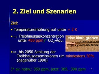 2. Ziel und Szenarien
Ziel:
• Temperaturerhöhung auf unter + 2 K
• Treibhausgaskonzentration
    unter 450 ppm)* CO2-Äqu.

• bis 2050 Senkung der
  Treibhausgasemissionen um mindestens 50%
  (gegenüber 1990)

)* ev. notw.: 350 ppm, jetzt: 385...390 ppm   26
 