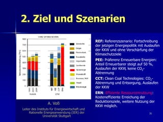 2. Ziel und Szenarien

                                                 REF: Referenzszenario: Fortschreibung
                                                 der jetzigen Energiepolitik mit Auslaufen
                                                 der KKW und ohne Verschärfung der
                                                 Klimaschutzziele
                                                 PEE: Präferenz Erneuerbare Energien:
                                                 Anteil Erneuerbarer steigt auf 50 %,
                                                 Auslaufen der KKW, keine CO2-
                                                 Abtrennung
                                                 CCT: Clean Coal Technologies: CO2-
                                                 Abtrennung und Entsorgung, Auslaufen
                                                 der KKW
                                                 ERN: Effiziente Ressourcennutzung:
                                                 Kosteneffiziente Erreichung der
                                                 Reduktionsziele, weitere Nutzung der
                  A. Voß
                                                 KKW möglich.
Leiter des Instituts für Energiewirtschaft und
     Rationelle Energieanwendung (IER) der                                         31
               Universität Stuttgart
 