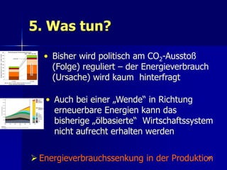 5. Was tun?

   • Bisher wird politisch am CO2-Ausstoß
     (Folge) reguliert – der Energieverbrauch
     (Ursache) wird kaum hinterfragt

   • Auch bei einer „Wende“ in Richtung
     erneuerbare Energien kann das
     bisherige „ölbasierte“ Wirtschaftssystem
     nicht aufrecht erhalten werden


 Energieverbrauchssenkung in der Produktion85
 