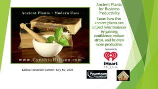 Ancient Plants
for Business
Productivity
Learn how five
ancient plants can
impact your business
by gaining
confidence, reduce
stress, and be even
more productive.
Global Elevation Summit July 16, 2020
Sponsored by
 