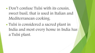  Don’t confuse Tulsi with its cousin,
sweet basil, that is used in Italian and
Mediterranean cooking.
 Tulsi is consider...
