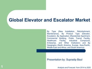 Global Elevator and Escalator Market
By Type (New Installation, Refurbishment,
Maintenance), By Product Type (Elevator,
Escalator), By Application (Residential Apartment,
Commercial Building, Public Transit Facility,
Healthcare Facility, Industrial Compound,
Enterprise, and Other Institution) and By
Geography (North America, Europe, Asia-Pacific,
Middle East and Africa, and South America)
Analysis and Forecast from 2014 to 20201
Presentation by: Supradip Baul
 