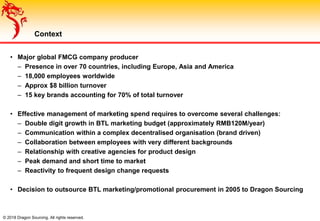 © 2018 Dragon Sourcing. All rights reserved.
Context
• Major global FMCG company producer
– Presence in over 70 countries, including Europe, Asia and America
– 18,000 employees worldwide
– Approx $8 billion turnover
– 15 key brands accounting for 70% of total turnover
• Effective management of marketing spend requires to overcome several challenges:
– Double digit growth in BTL marketing budget (approximately RMB120M/year)
– Communication within a complex decentralised organisation (brand driven)
– Collaboration between employees with very different backgrounds
– Relationship with creative agencies for product design
– Peak demand and short time to market
– Reactivity to frequent design change requests
• Decision to outsource BTL marketing/promotional procurement in 2005 to Dragon Sourcing
 