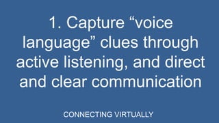 1. Capture “voice 
language” clues through 
active listening, and direct 
and clear communication 
CONNECTING VIRTUALLY 
 