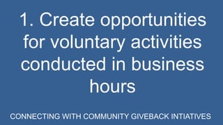 1. Create opportunities 
for voluntary activities 
conducted in business 
hours 
CONNECTING WITH COMMUNITY GIVEBACK INTIATIVES 
 