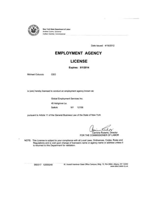 Global Employment Services Inc Employment Agency License 5 1 12