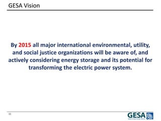 11 
GESA Vision 
By 2015 all major international environmental, utility, and social justice organizations will be aware of, and actively considering energy storage and its potential for transforming the electric power system.  
