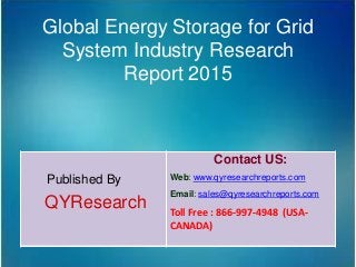 Global Energy Storage for Grid
System Industry Research
Report 2015
Published By
QYResearch
Contact US:
Web: www.qyresearchreports.com
Email: sales@qyresearchreports.com
Toll Free : 866-997-4948 (USA-
CANADA)
 