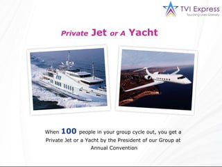 Private  Jet  or A  Yacht  When   100   people in your group cycle out, you get a  Private Jet or a Yacht by the President of our Group at  Annual Convention 