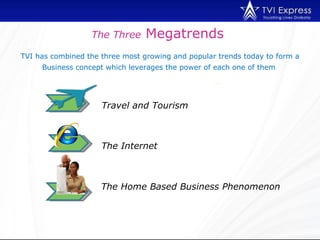 The Three  Megatrends  TVI has combined the three most growing and popular trends today to form a Business concept which leverages the power of each one of them  Travel and Tourism The Internet The Home Based Business Phenomenon 