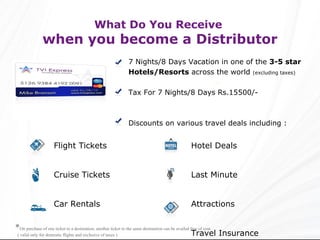 What Do You Receive  when you become a Distributor 7 Nights/8 Days Vacation in one of the  3-5 star Hotels/Resorts  across the world  (excluding taxes) Tax For 7 Nights/8 Days Rs.15500/- Discounts on various travel deals including : * On purchase of one ticket to a destination, another ticket to the same destination can be availed free of cost. ( valid only for domestic flights and exclusive of taxes ) Hotel Deals Last Minute Attractions Travel Insurance Flight Tickets Cruise Tickets Car Rentals 