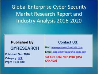 Global Enterprise Cyber Security
Market Research Report and
Industry Analysis 2016-2020
Published By:
QYRESEARCH
Published On : 2016
Category: ICT
Pages : 130-180
Contact US:
Web: www.qyresearchreports.com
Email: sales@qyresearchreports.com
Toll Free : 866-997-4948 (USA-
CANADA)
 