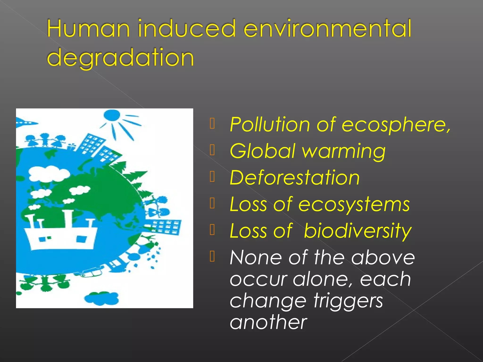    Pollution of ecosphere,
   Global warming
   Deforestation
   Loss of ecosystems
   Loss of biodiversity
   None of the above
    occur alone, each
    change triggers
    another
 