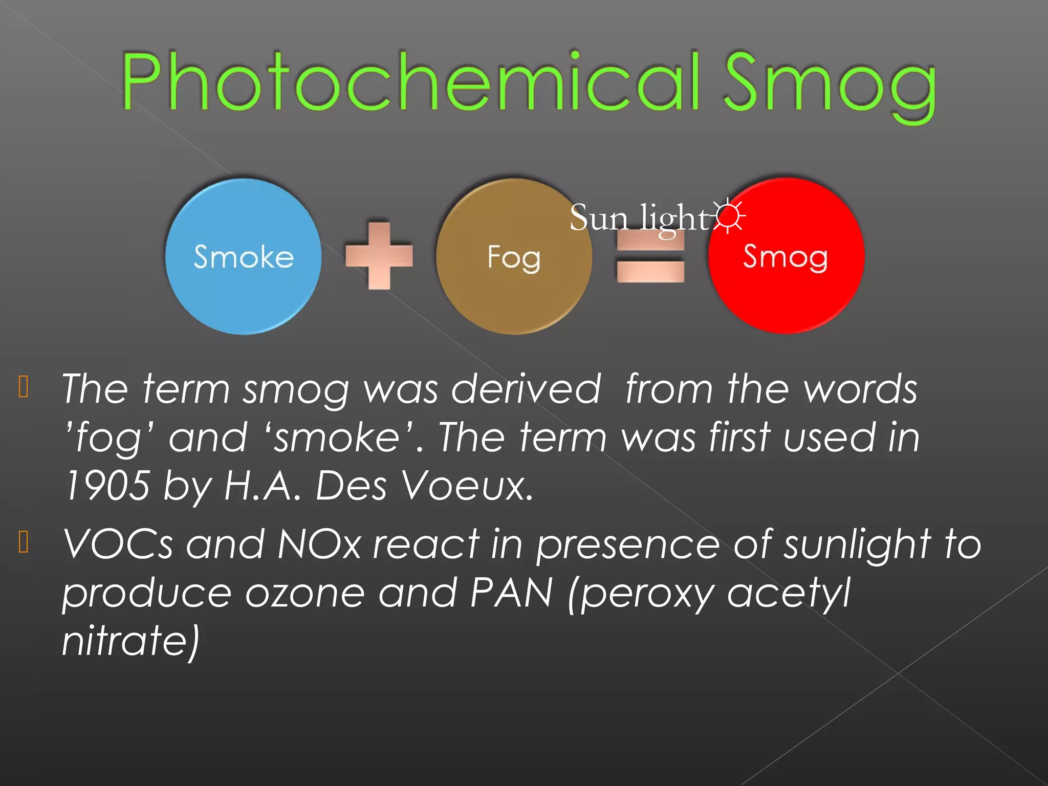Sun light☼



   The term smog was derived from the words
    ’fog’ and ‘smoke’. The term was first used in
    1905 by H.A. Des Voeux.
   VOCs and NOx react in presence of sunlight to
    produce ozone and PAN (peroxy acetyl
    nitrate)
 