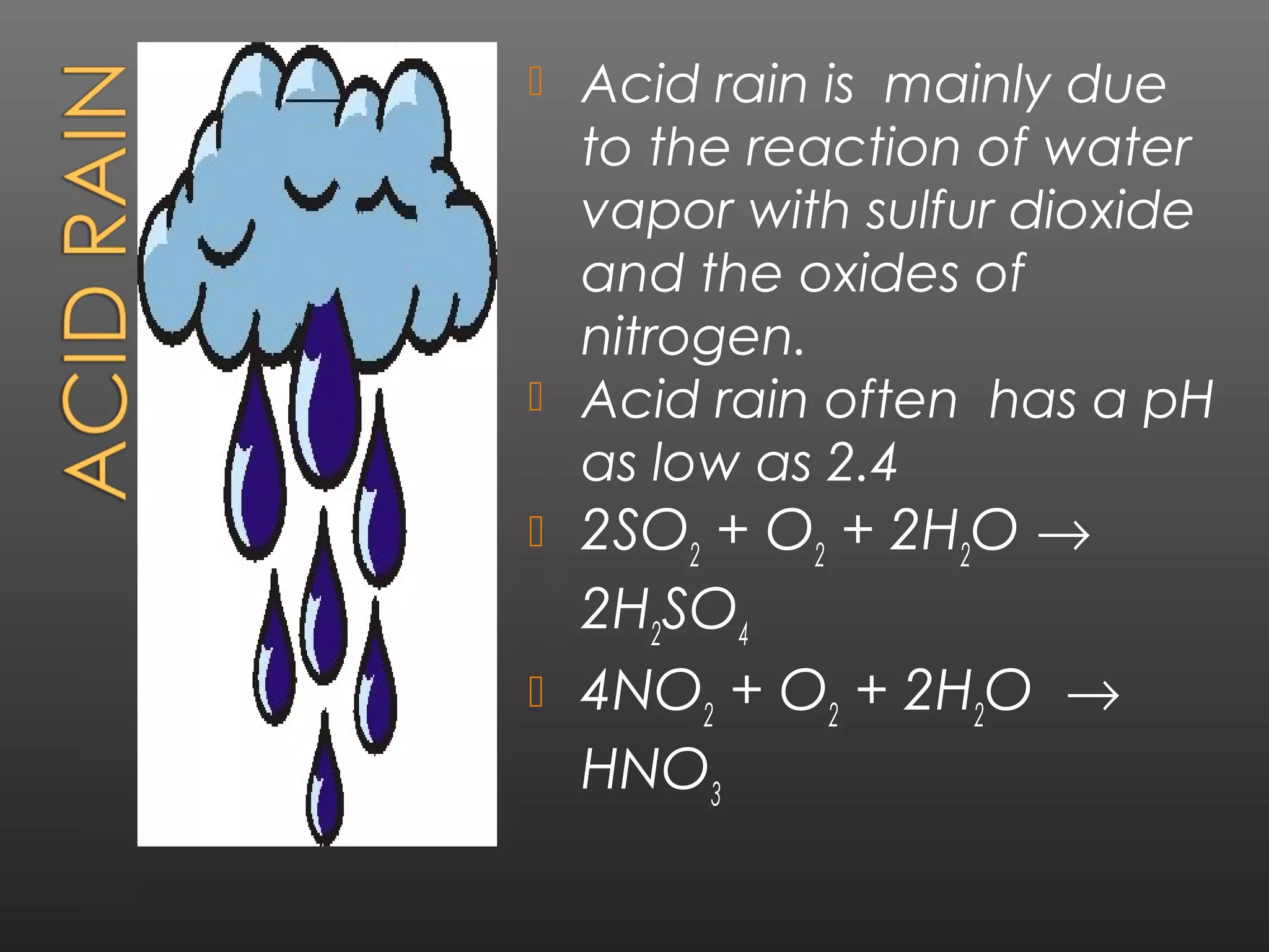  Acid rain is mainly due
  to the reaction of water
  vapor with sulfur dioxide
  and the oxides of
  nitrogen.
 Acid rain often has a pH
  as low as 2.4
 2SO2 + O2 + 2H2O →
  2H2SO4
 4NO2 + O2 + 2H2O →
  HNO3
 