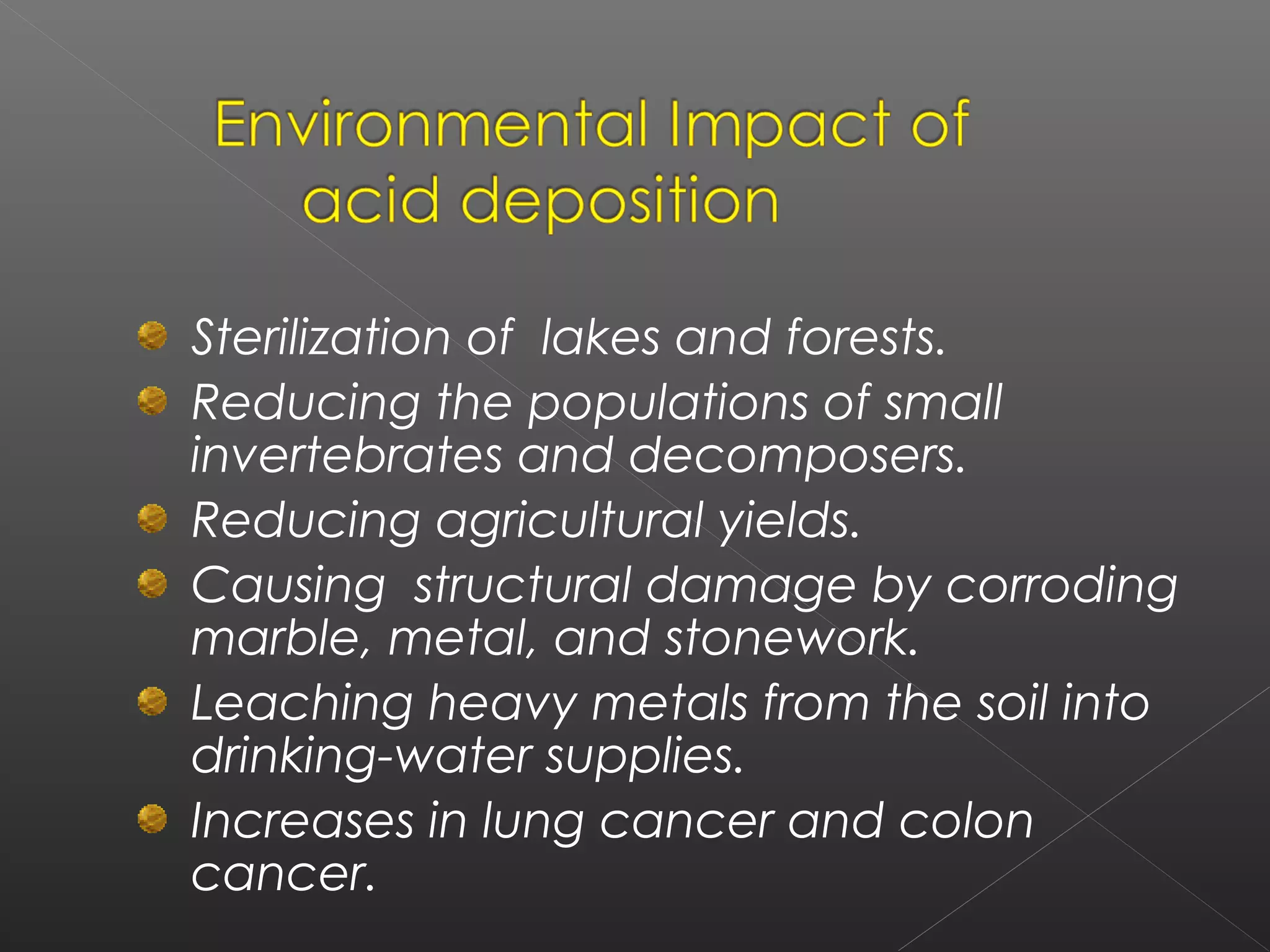 Sterilization of lakes and forests.
Reducing the populations of small
invertebrates and decomposers.
Reducing agricultural yields.
Causing structural damage by corroding
marble, metal, and stonework.
Leaching heavy metals from the soil into
drinking-water supplies.
Increases in lung cancer and colon
cancer.
 