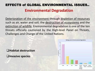 EFFECTS of GLOBAL ENVIRONMENTAL ISSUES..
Environmental Degradation
Habitat destruction
Invasive species
Deterioration of the environment through depletion of resources
such as air, water and soil; the destruction of ecosystems and the
extinction of wildlife. Environmental degradation is one of the ten
threats officially cautioned by the High-level Panel on Threats,
Challenges and Change of the United Nations.
 