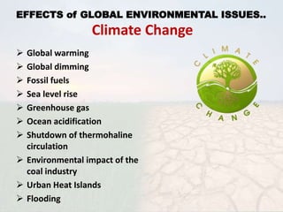 EFFECTS of GLOBAL ENVIRONMENTAL ISSUES..
 Global warming
 Global dimming
 Fossil fuels
 Sea level rise
 Greenhouse gas
 Ocean acidification
 Shutdown of thermohaline
circulation
 Environmental impact of the
coal industry
 Urban Heat Islands
 Flooding
Climate Change
 