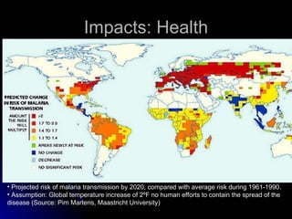 Impacts: Health Projected risk of malaria transmission by 2020, compared with average risk during 1961-1990. Assumption: Global temperature increase of 2ºF no human efforts to contain the spread of the disease (Source: Pim Martens, Maastricht University) 