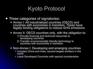 Kyoto Protocol Three categories of signatories: Annex I: All industrialized countries (OECD) and countries with economies in transition.   These have legally binding obligations to reduce GHG emissions Annex II: OECD countries only, with the obligation to: 1) Provide financial and technical resources to    developing countries 2) Transfer environmentally friendly technology to    countries with economies in transition Non-Annex I: Developing and emerging countries Includes China and India, second largest emitters in the world Least Developed Countries with special consideration 