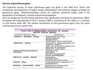 Sources of greenhouse gases:
The important sources of major greenhouse gases are given in the Table 60.1. Fossil- fuel
combustion, decomposition of organic wastes, deforestation and industries largely contribute to
greenhouse gases. Chlorofluorocarbons (CFCs) are synthetic chemicals widely used in the
preparation of refrigerants, solvents and aerosol propellants.
CFCs are dangerous environmental pollutants that significantly contribute to greenhouse effect.
The global warming potential of CFCs is around 7,000 in comparison to CO2 taken as 1, methane
11 and nitrous oxide 260. The relative contribution of total greenhouse gases from the major
contributing sources is given here
 