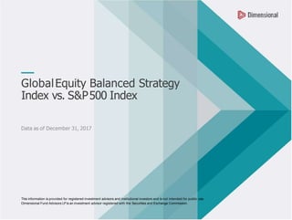 GlobalEquity Balanced Strategy
Index vs. S&P500 Index
Data as of December 31, 2017
This information is provided for registered investment advisors and institutional investors and is not intended for public use.
Dimensional Fund Advisors LPis an investment advisor registered with the Securities and Exchange Commission.
 