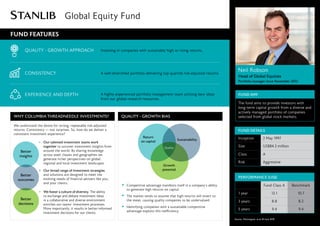 The fund aims to provide investors with
long-term capital growth from a diverse and
actively managed portfolio of companies
selected from global stock markets.
FUND DETAILS
Inception
Size
Class
Risk
FUND AIM
Head of Global Equities
2 May 1997
US$84.3 million
A
Aggressive
PERFORMANCE (US$)
1 year
3 years
5 years
Fund Class A Benchmark
Global Equity Fund
Neil Robson
FUND FEATURES
QUALITY - GROWTH APPROACH Investing in companies with sustainably high or rising returns.
CONSISTENCY A well-diversified portfolio delivering top quartile risk-adjusted returns.
A highly experienced portfolio management team utilising best ideas
from our global research resources.
EXPERIENCE AND DEPTH
WHY COLUMBIA THREADNEEDLE INVESTMENTS? QUALITY - GROWTH BIAS
Source: Morningstar, as at 30 June 2018
13.1
8.8
9.4
10.7
8.2
9.4
Return
on capital Sustainability
Growth
potential
Quality
Competitive advantage manifests itself in a company’s ability
to generate high returns on capital.
The market tends to assume that high returns will revert to
the mean, causing quality companies to be undervalued.
Identifying companies with a sustainable competitive
advantage exploits this inefficiency.
Portfolio manager since November 2012
Our broad range of investment strategies
and solutions are designed to meet the
evolving needs of financial advisers like you,
and your clients.
We understand the desire for strong, repeatable risk-adjusted
returns. Consistency — not surprises. So, how do we deliver a
consistent investment experience?
Better
insights
Better
decisions
Better
outcomes
Our talented investment teams work
together to uncover investment insights from
around the world. By sharing knowledge
across asset classes and geographies we
generate richer perspectives on global,
regional and local investment landscapes.
We foster a culture of diversity. The ability
to exchange and debate investment ideas
in a collaborative and diverse environment
enriches our teams’ investment processes.
More importantly, it results in better-informed
investment decisions for our clients.
 